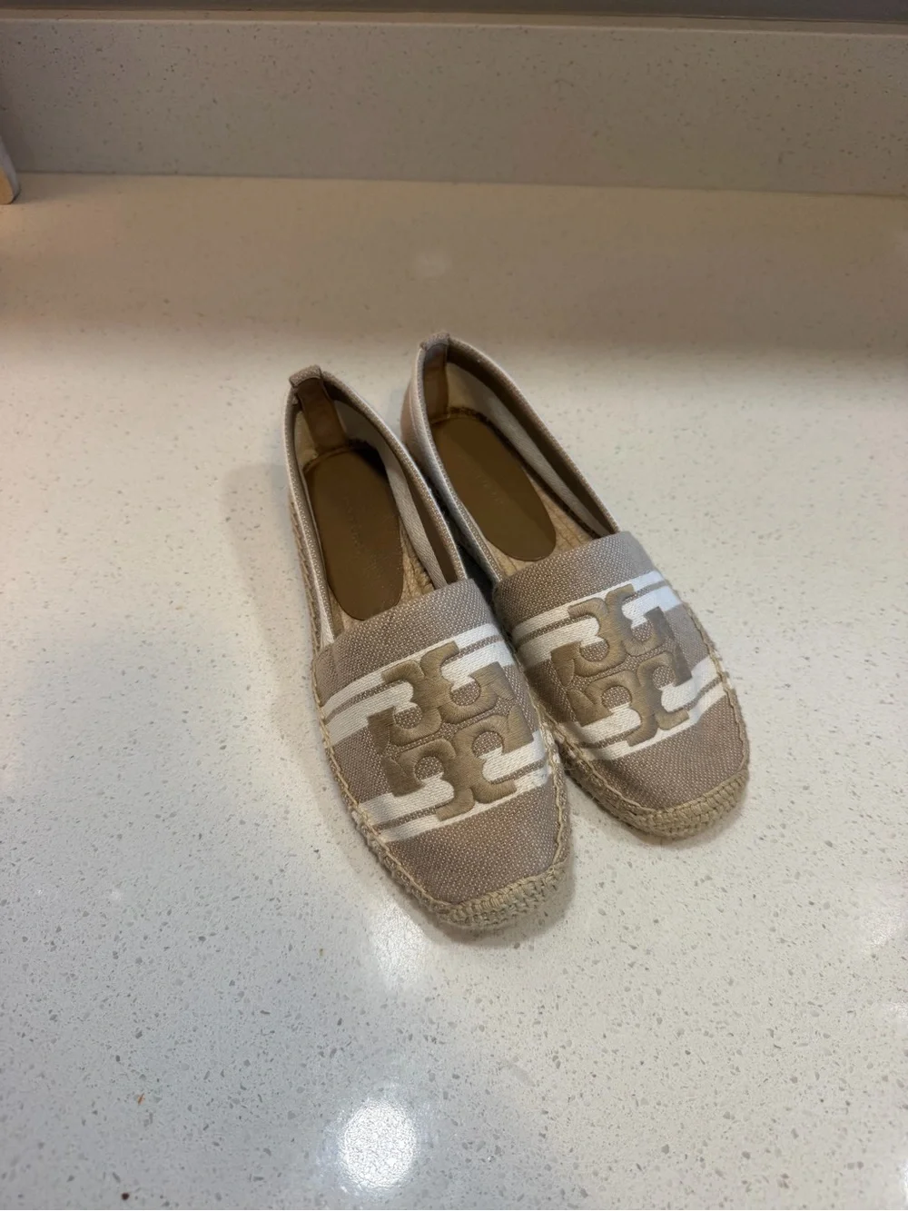Tory Burch Beige Canvas Espadrille Flats with White Logo Accent